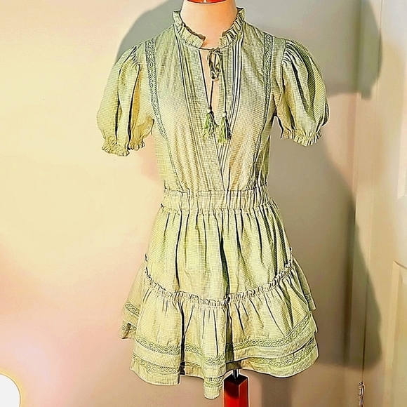 Mable, green/white small checks  Puff sleeves mini dress small Cottagecore. - Picture 1 of 10